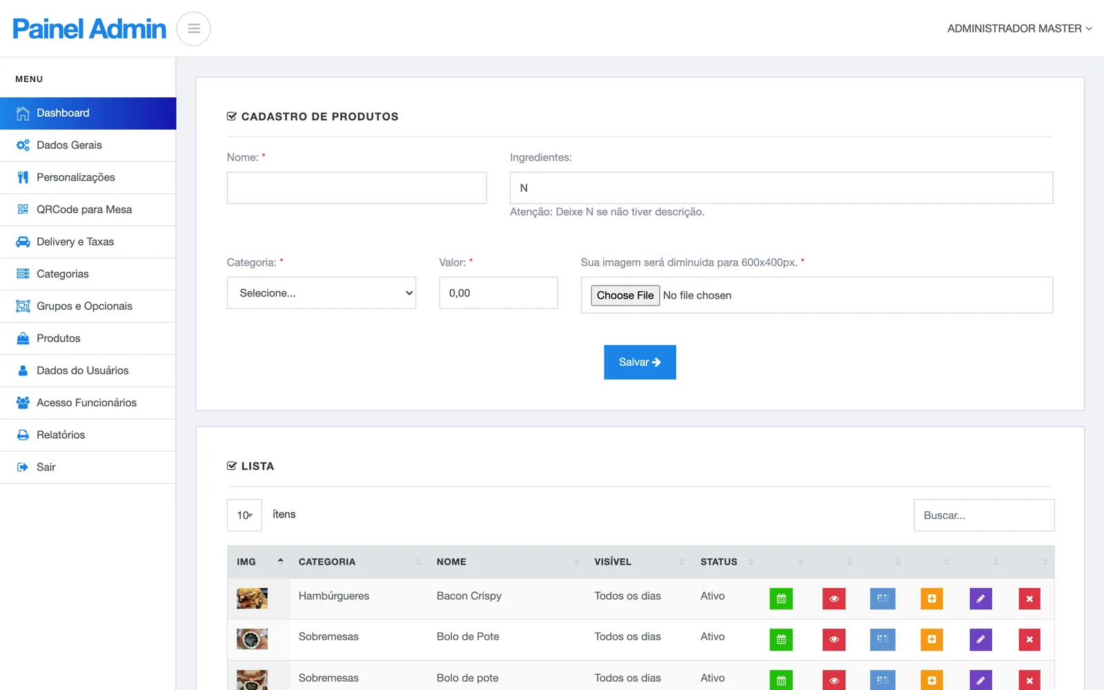 Painel do dono da loja no cardápio digital, com cadastro e lista de produtos